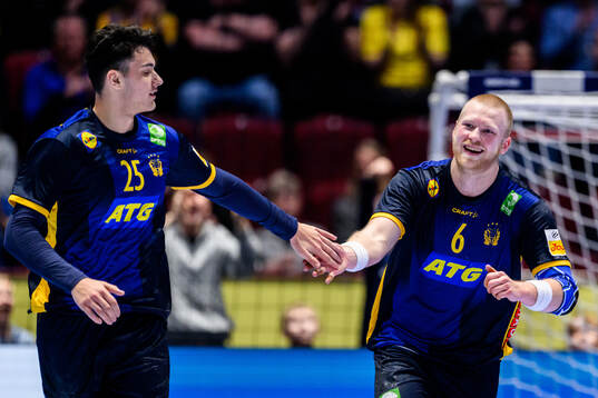 Nikola Roganovic and Felix Möller of Sweden celebrate