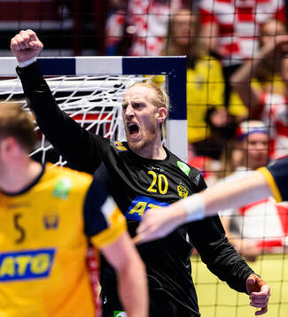Goalkeeper Mikael Appelgren of Sweden celebrates
