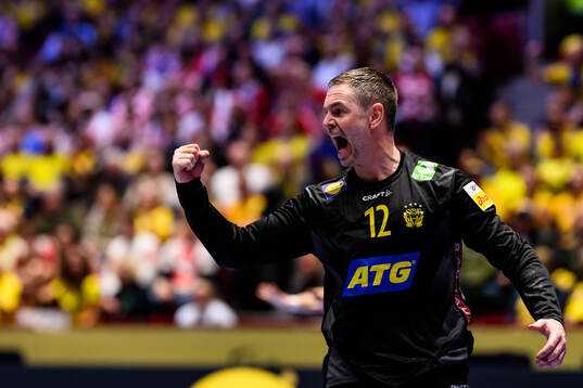 Goalkeeper Andreas Palicka of Sweden celebrates