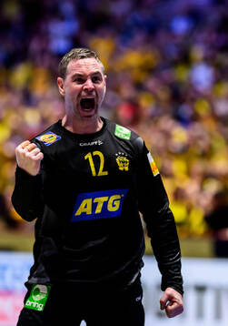 Goalkeeper Andreas Palicka of Sweden celebrates