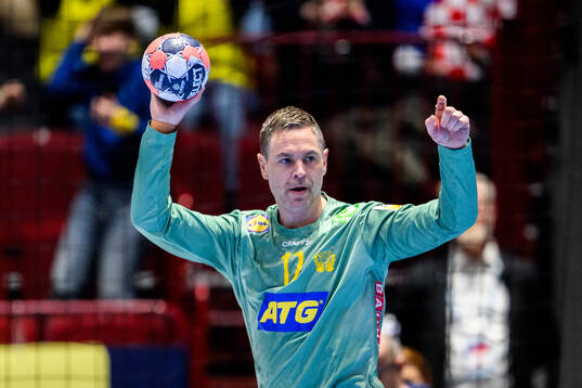 Goalkeeper Andreas Palicka of Sweden celebrates
