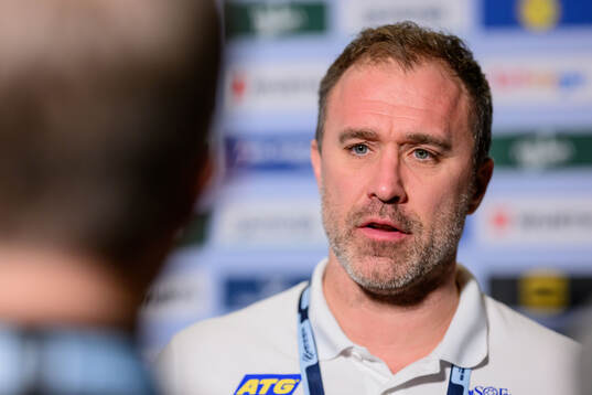 Head coach Michael Apelgren of Sweden is being interviewed