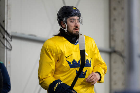 Mika Zibanejad of Sweden at an ice hockey practice session