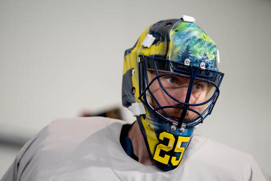Goalkeeper Jacob Markstrom of Sweden at an ice hockey