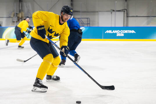 Elias Pettersson of Sweden at an ice hockey practice session