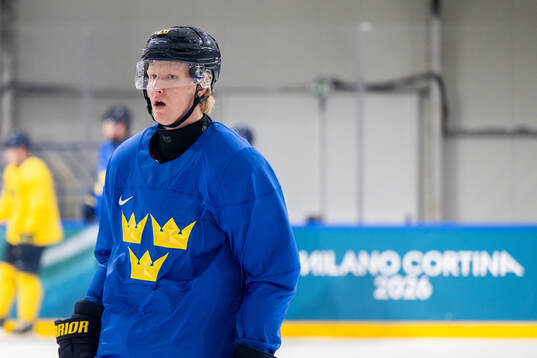 Rasmus Dahlin of Sweden at an ice hockey practice session