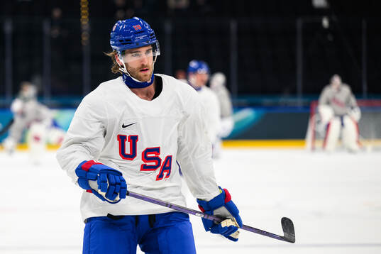 Noah Hanifin of USA at an ice hockey practice session