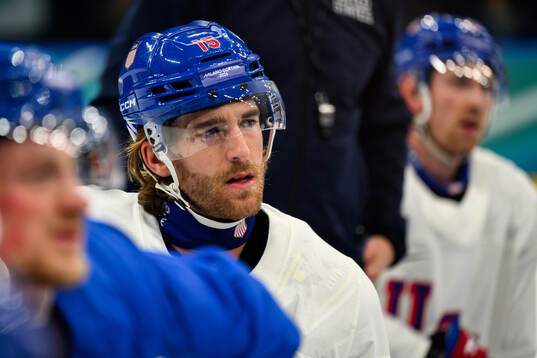 Noah Hanifin of USA at an ice hockey practice session