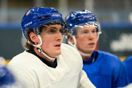 Tage Thompson of USA at an ice hockey practice session