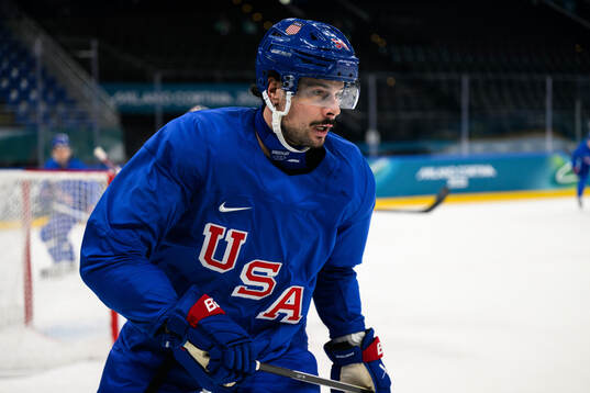 Auston Matthews of USA at an ice hockey practice session