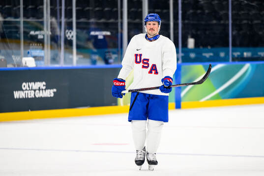 JT Miller of USA at an ice hockey practice session