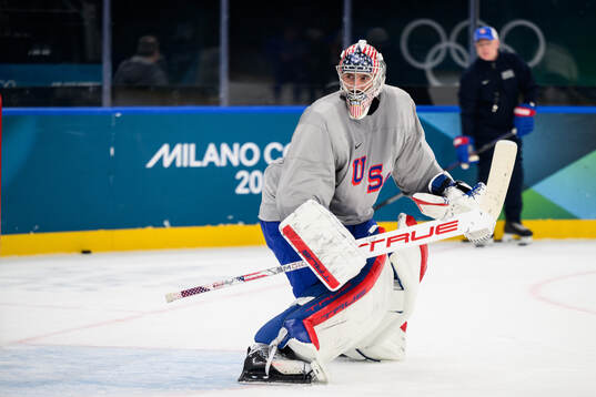 Goaltender Connor Hellebuyck of USA at an ice hockey