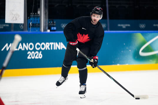 Josh Morrissey of Canada at an ice hockey practice session