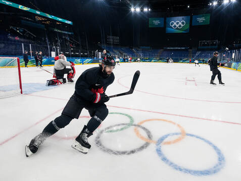 Drew Doughty of Canada at an ice hockey practice session