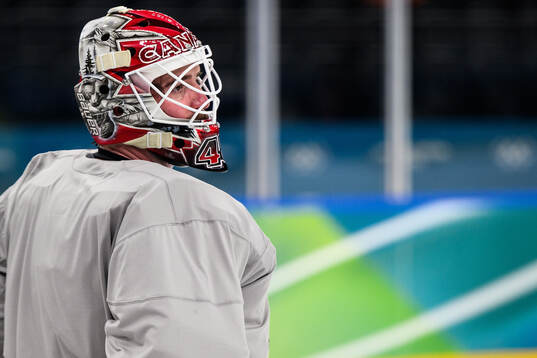 Goaltender Logan Thompson of Canada at an ice hockey