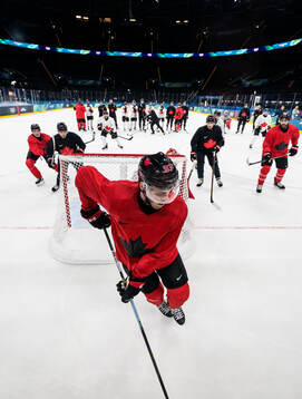 Connor McDavid of Canada at an ice hockey practice session