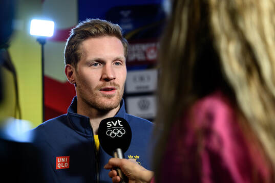 Gabriel Landeskog is interviewed at a press conference with