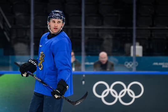 Mikko Rantanen of Finland at an ice hockey practice session