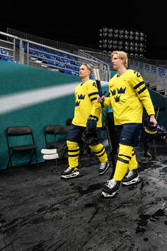 Gustav Forsling and Rasmus Dahlin of Sweden at an ice