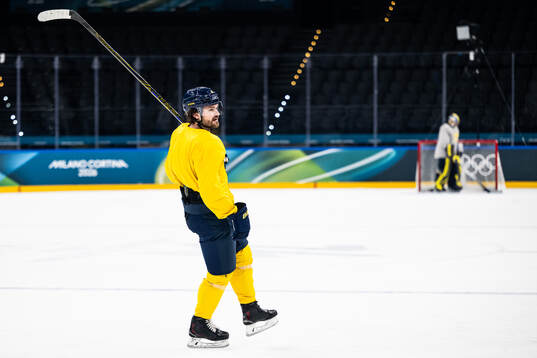 Rasmus Andersson of Sweden at an ice hockey practice session