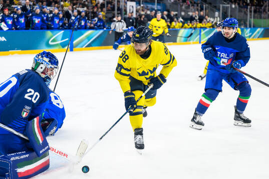 Damian Clara of Italy and William Nylander of Sweden in the