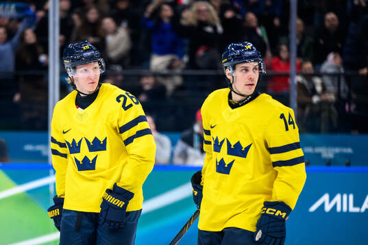Rasmus Dahlin and Joel Eriksson Ek of Sweden looks dejected