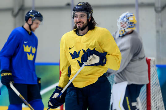 Mika Zibanejad of Sweden at an ice hockey practice session