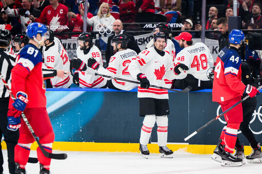 Mark Stone of Canada celebrates the 0-2 goal in the men's