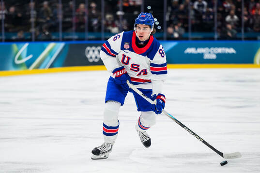 Jack Hughes of USA in the men's ice hockey game between