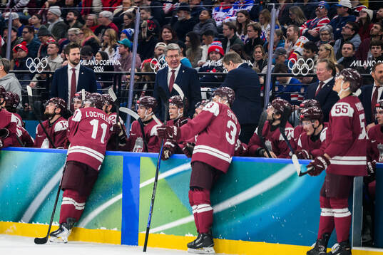 Head coach Harijs Vitolins of Latvia in the men's ice