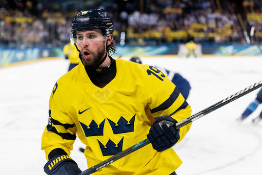 Adrian Kempe of Sweden in the men's ice hockey game between