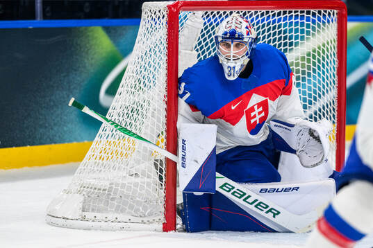Goaltender Samuel Hlavaj of Slovakia in the men's ice