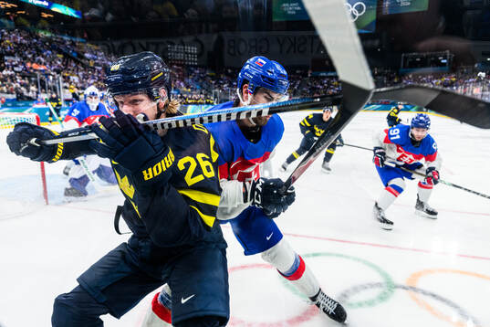 Rasmus Dahlin of Sweden and Peter Ceresnak of Slovakia in