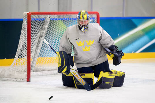 Goaltender Filip Gustavsson of Sweden at an ice hockey