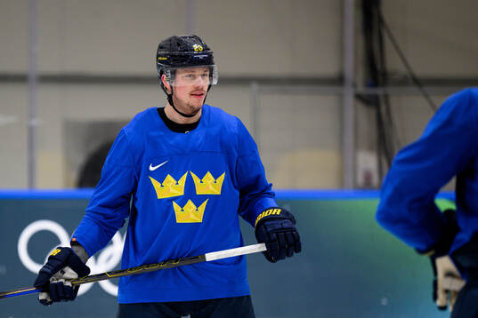 Lucas Raymond of Sweden at an ice hockey practice session
