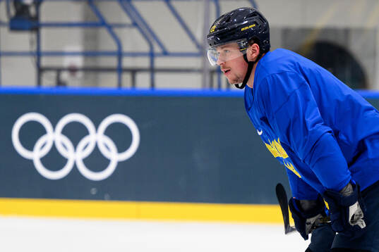 Lucas Raymond of Sweden at an ice hockey practice session