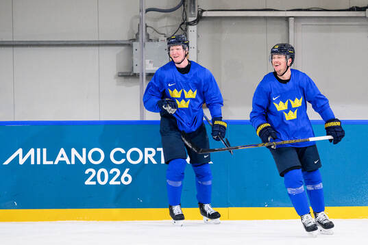 Rasmus Dahlin and Lucas Raymond of Sweden at an ice hockey