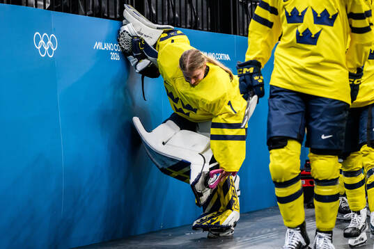 Goaltender Ebba Svensson Träff of Sweden looks dejected in