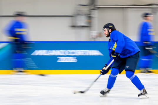 Mika Zibanejad of Sweden at an ice hockey practice session