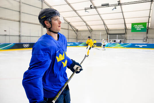 Gustav Forsling of Sweden at an ice hockey practice session