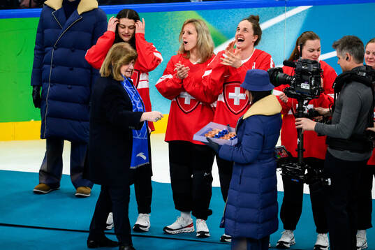 Lara Stalder and Kaleigh Quennec of Switzerland celebrate