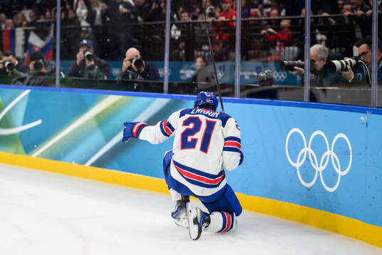 Dylan Larkin of USA celebrates