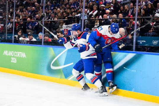 Brock Nelson of USA and Adam Ruzicka of Slovakia in the