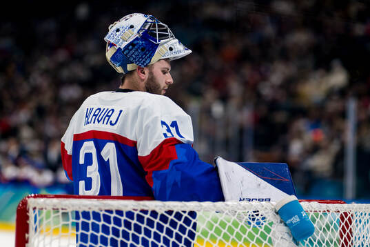 Goaltender Samuel Hlavaj of Slovakia in the men's ice