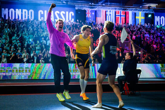 Armand Duplantis of Sweden celebrates with Kurtis Marschall