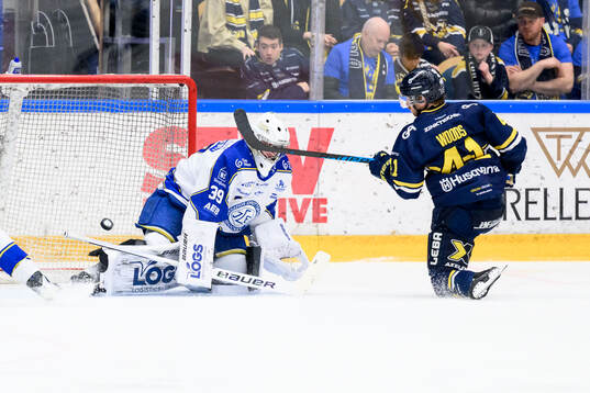 Leksands målvakt Filip Larsson och HV71s Riley Woods