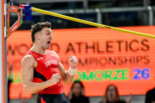 Simon Ehammer of Switzerland celebrates in men's heptathlon
