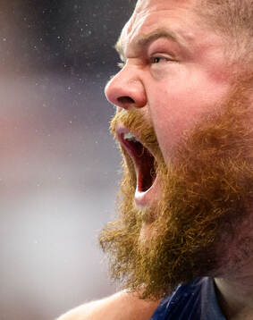 Roger Steen of USA reacts in men’s shot put final