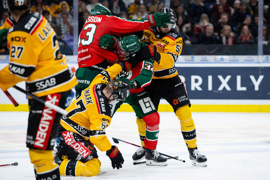 Frölundas Tom Nilsson och Noah Hasa i fight med Luleås