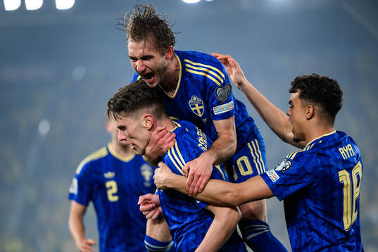 Viktor Gyökeres, Benjamin Nygren and Yasin Ayari of Sweden